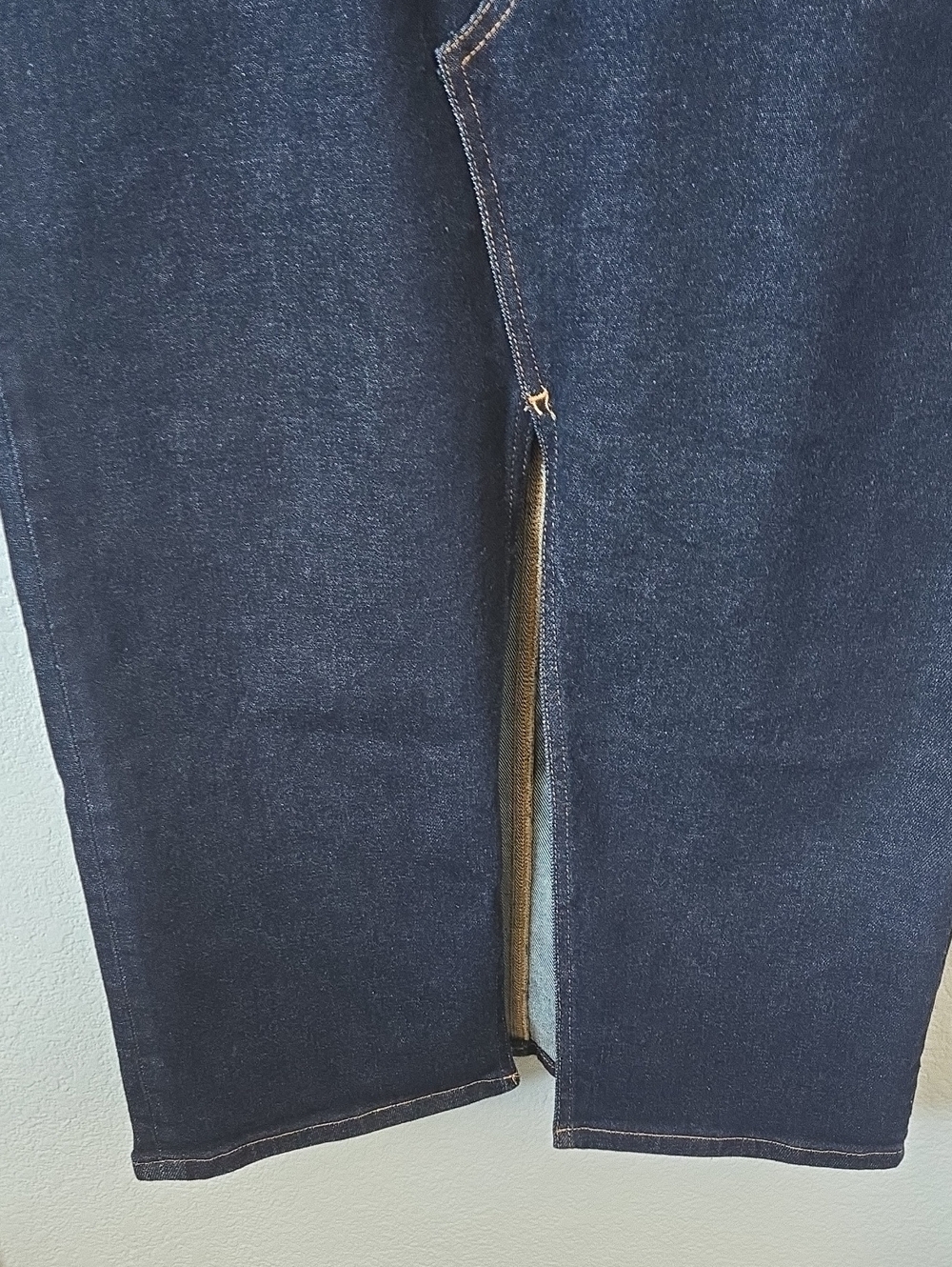 GOOD AMERICAN Slit Front Midi Jean Skirt Dark Blue Indigo 5 Pocket Sz 12 / 31 - Picture 6 of 11